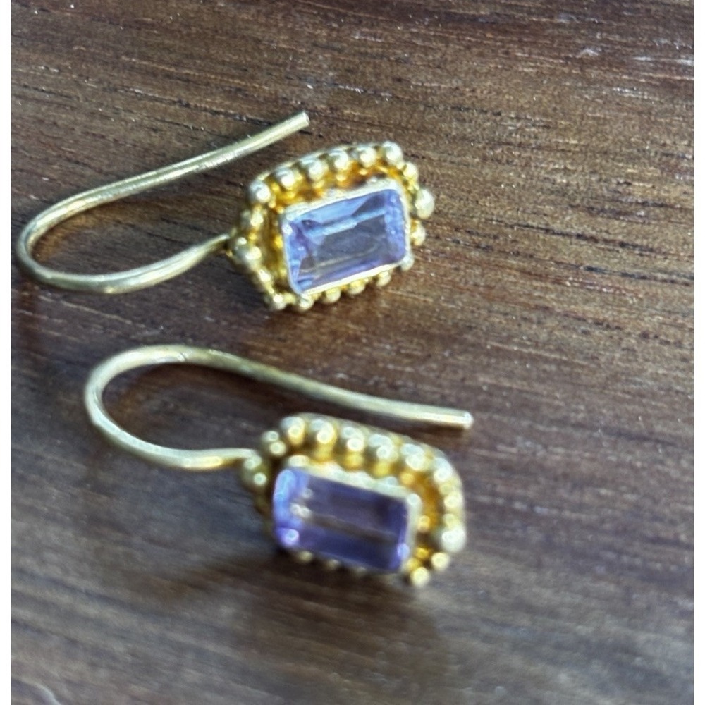 Dainty Gold Tone Amethyst Hook Pierced Earrings